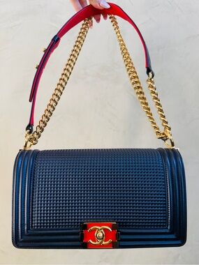 CHANEL Metallic Cube Embossed Lambskin Boy Flap Bag